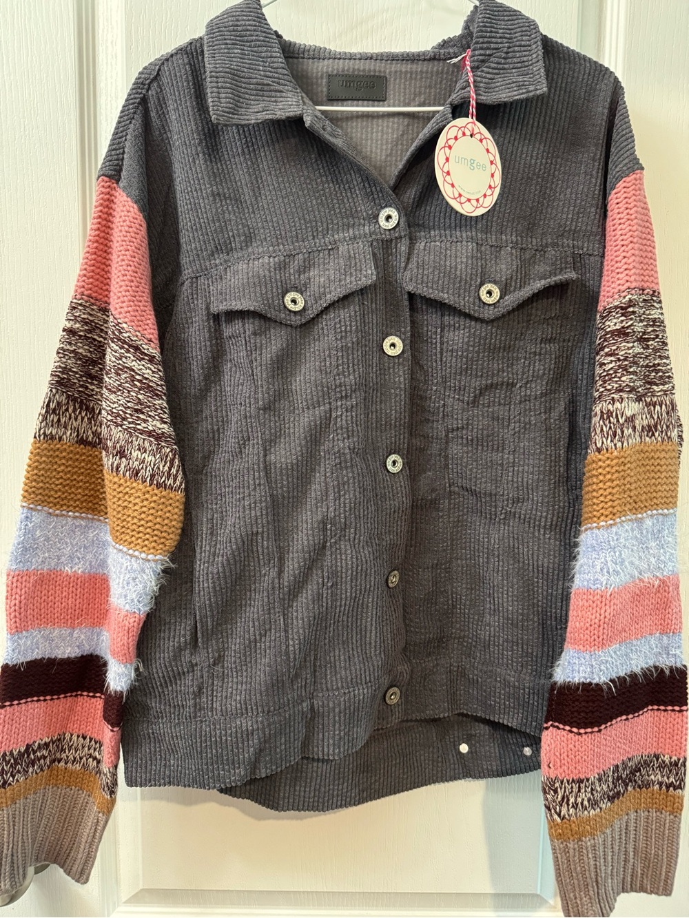 Umgee Charcoal Corduroy Jacket with Multicolor Knit Stripe Sleeves
